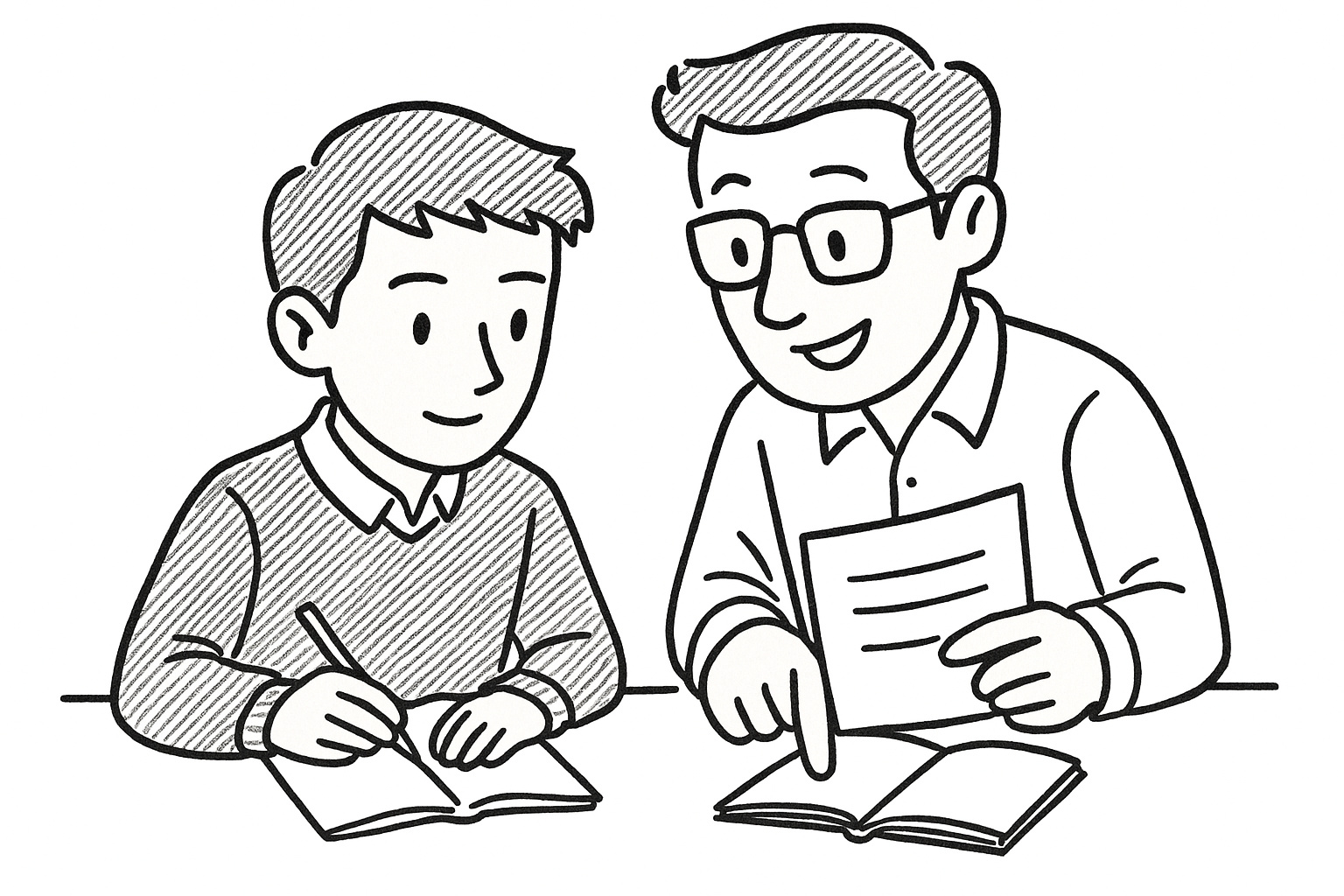 Dessin de deux personnes travaillant sur des révisions